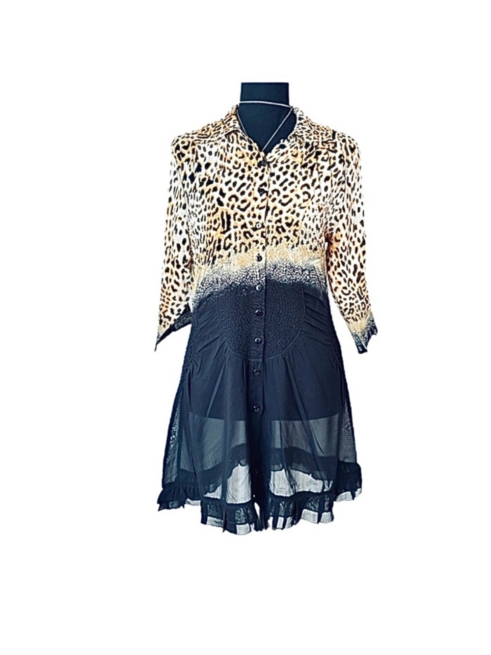 #54 JERRY T ~ Leopard Print Button-Up Top w/Sheer Black Bottom Piece 3/4 Sleeves